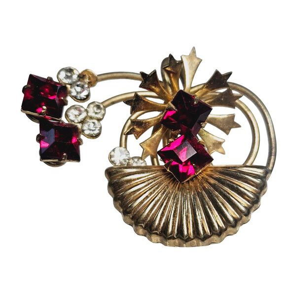 Vtg MCM Art Deco Floral Fan Brooch Red Rhinestones Goldtone Metal Pin Swirl Read - Picture 4 of 12